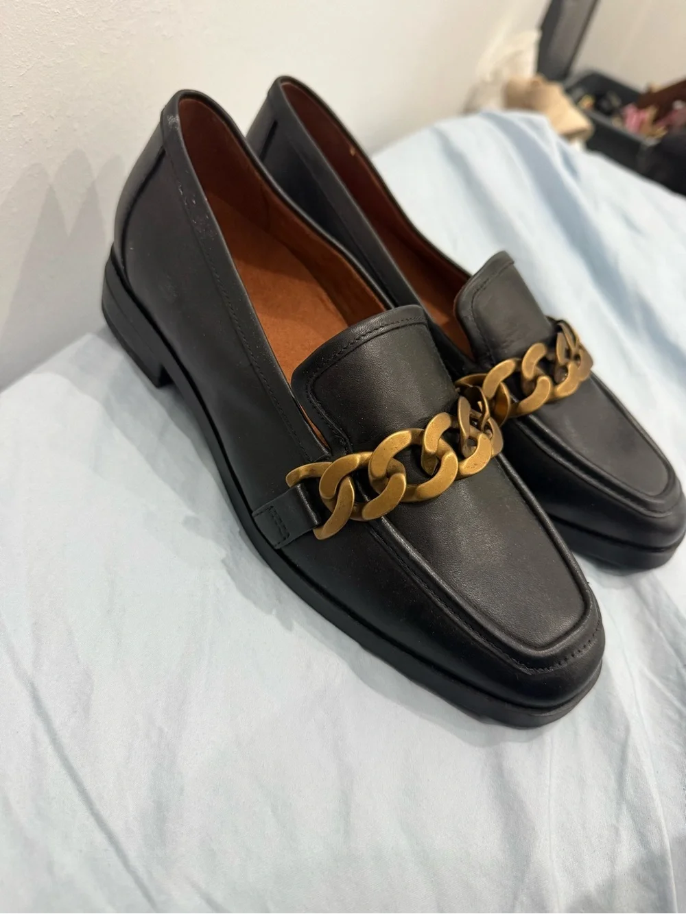 Vionic Black Leather Loafers with Gold Chain Detail